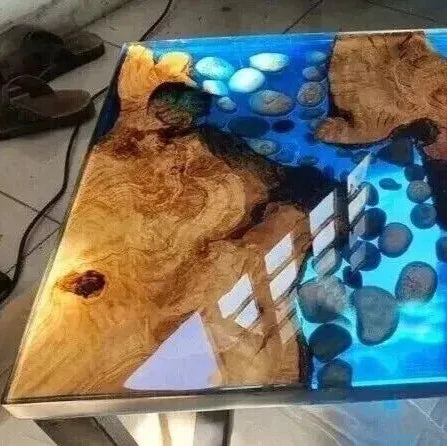 Square Clear Epoxy Resin Coffee Table Top Wooden Live Edge Cafeteria Home Decors